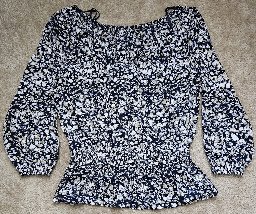 Michael Kors Women's Abstract Print Peplum Blouse Long Sleeve Navy Tan White